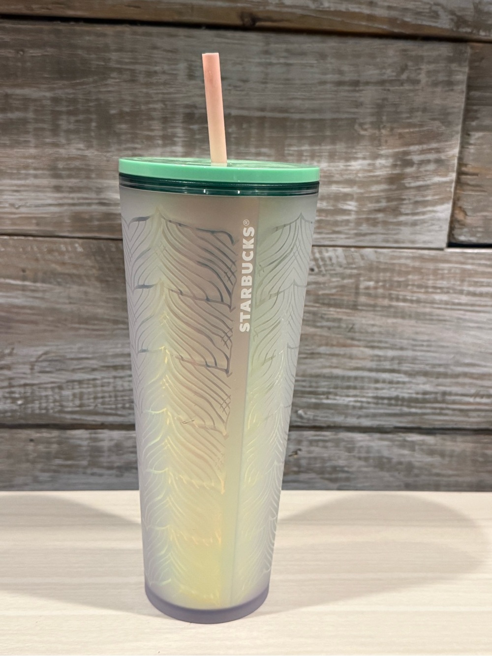 Starbucks Iridescent Pale Green Tumbler with Pink Straw